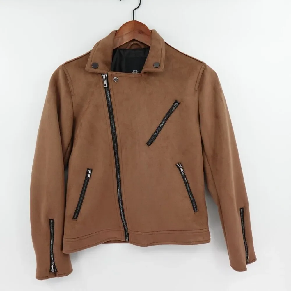 Girls Biker Jacket Medium 11‎ yrs Brown Vegan Suede Motorcycle Retro 80s